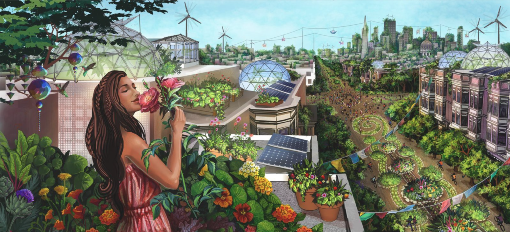 Artistic SolarPunk depiction by Jessica Perlstein where wellbeing, nature, DYI and technology meet to create a harmonious world 